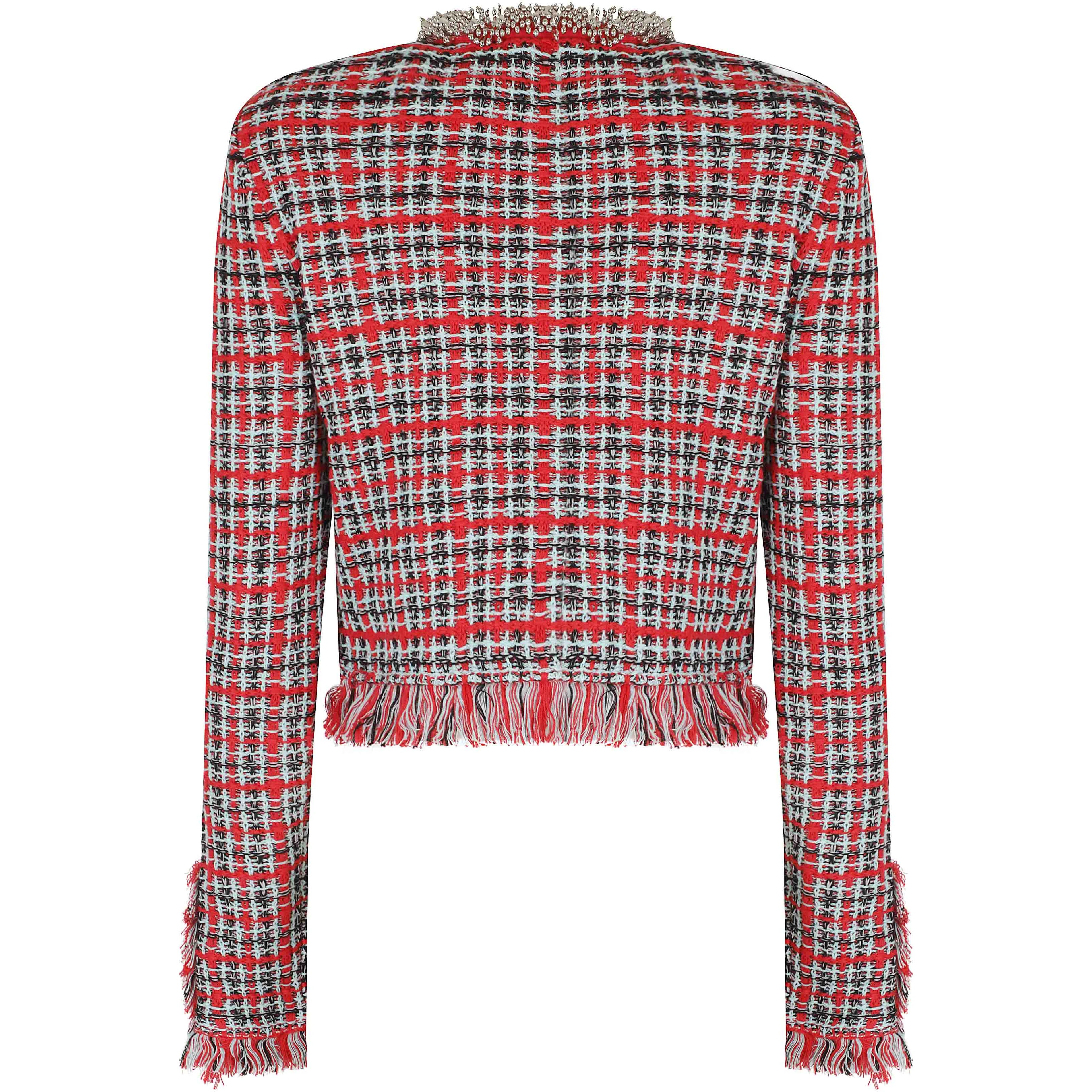 RED CHECK FRAYED KNIT JACKET
