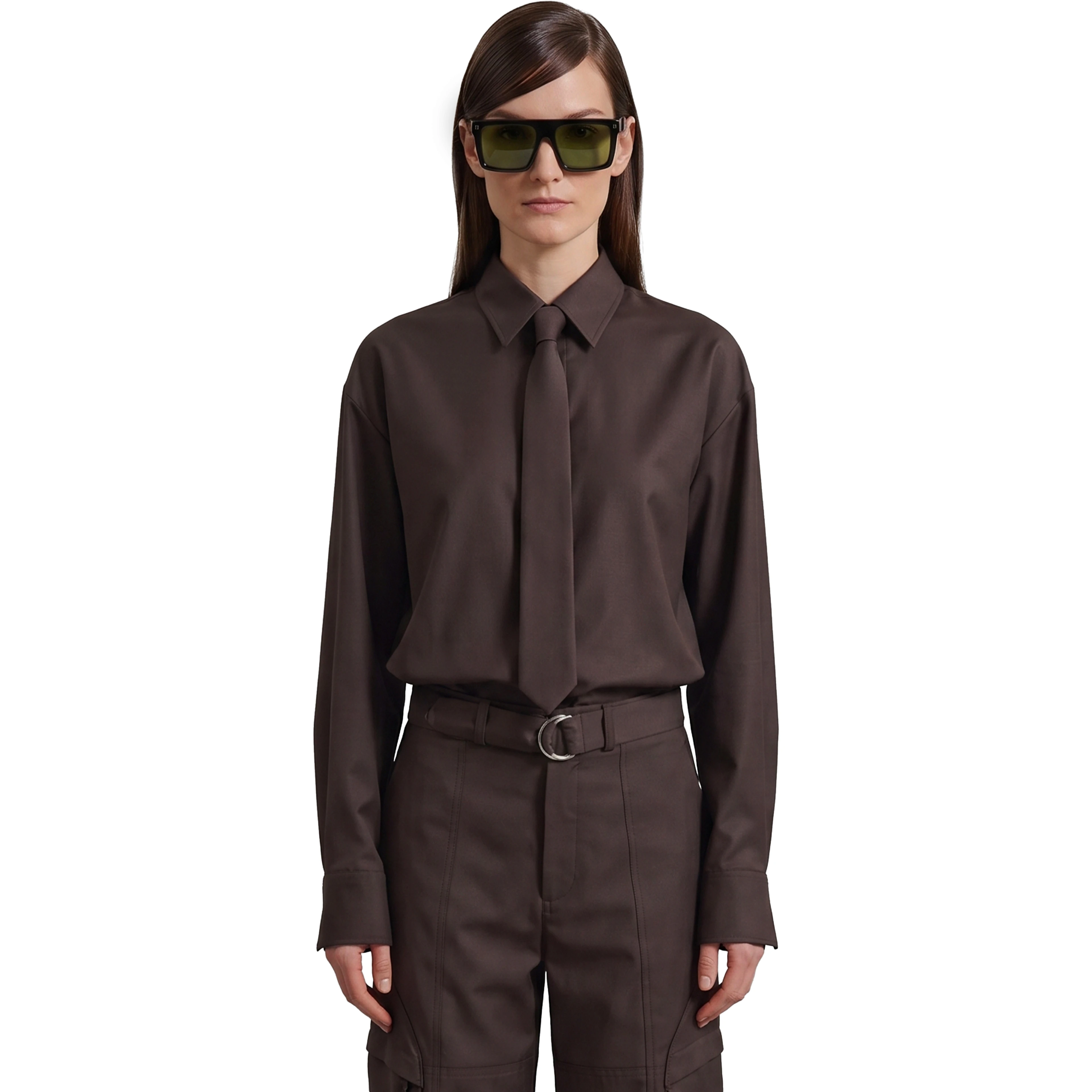 Brown Peri tie neck shirt