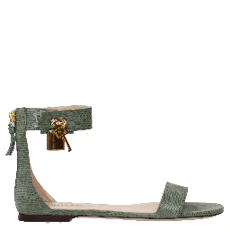 Green Leather Flat Sandals