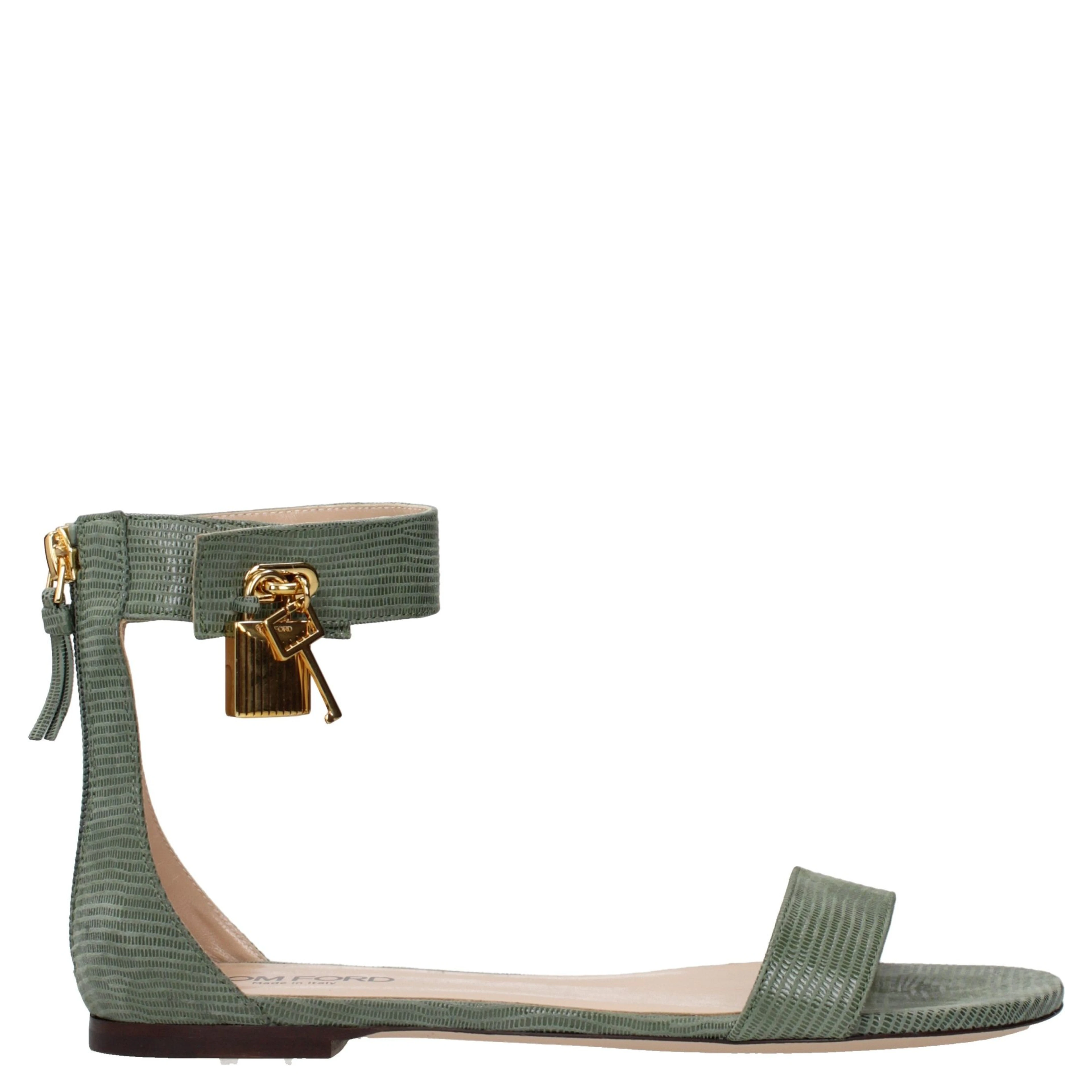 Green Leather Flat Sandals