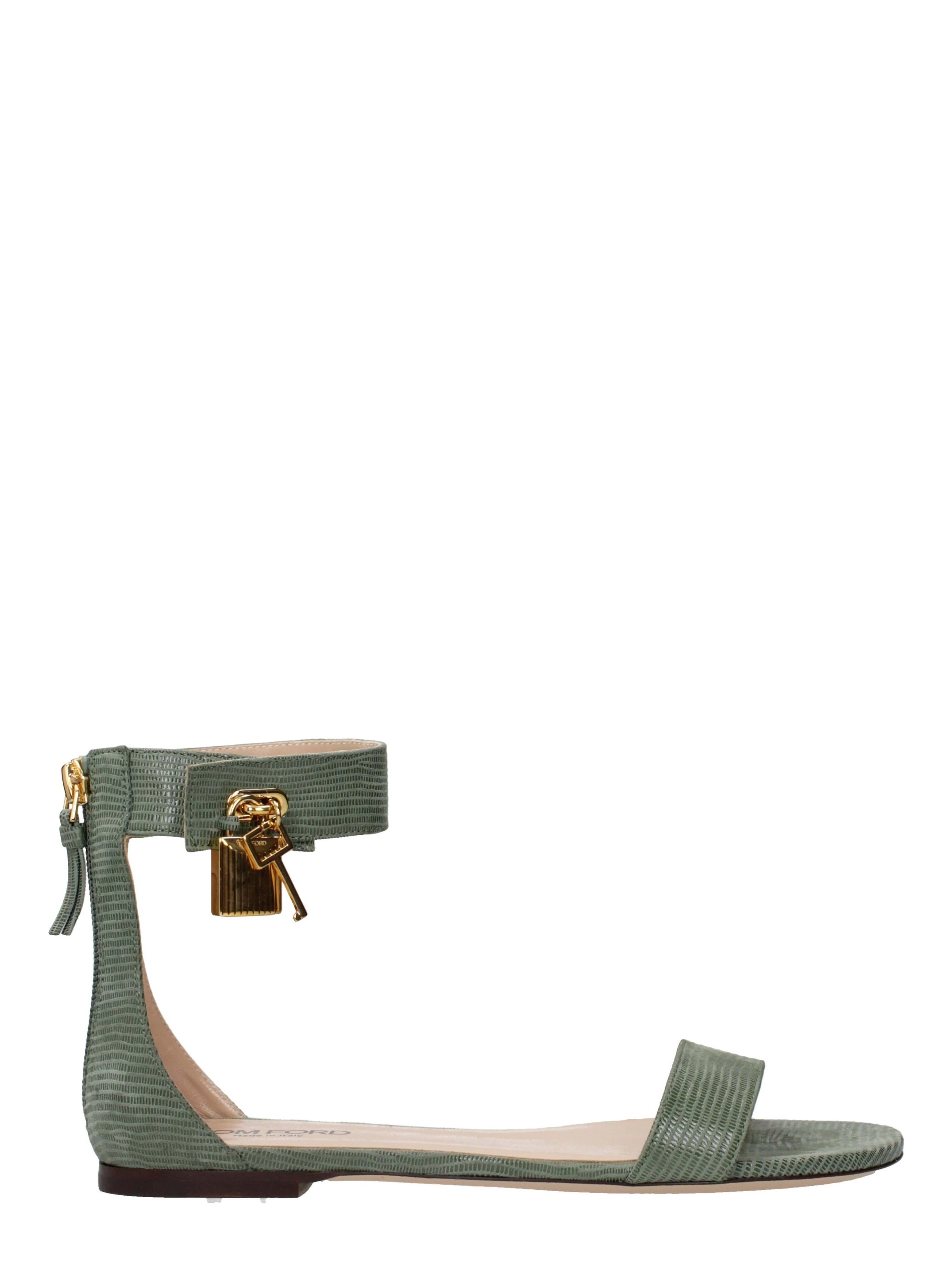 Green Leather Flat Sandals