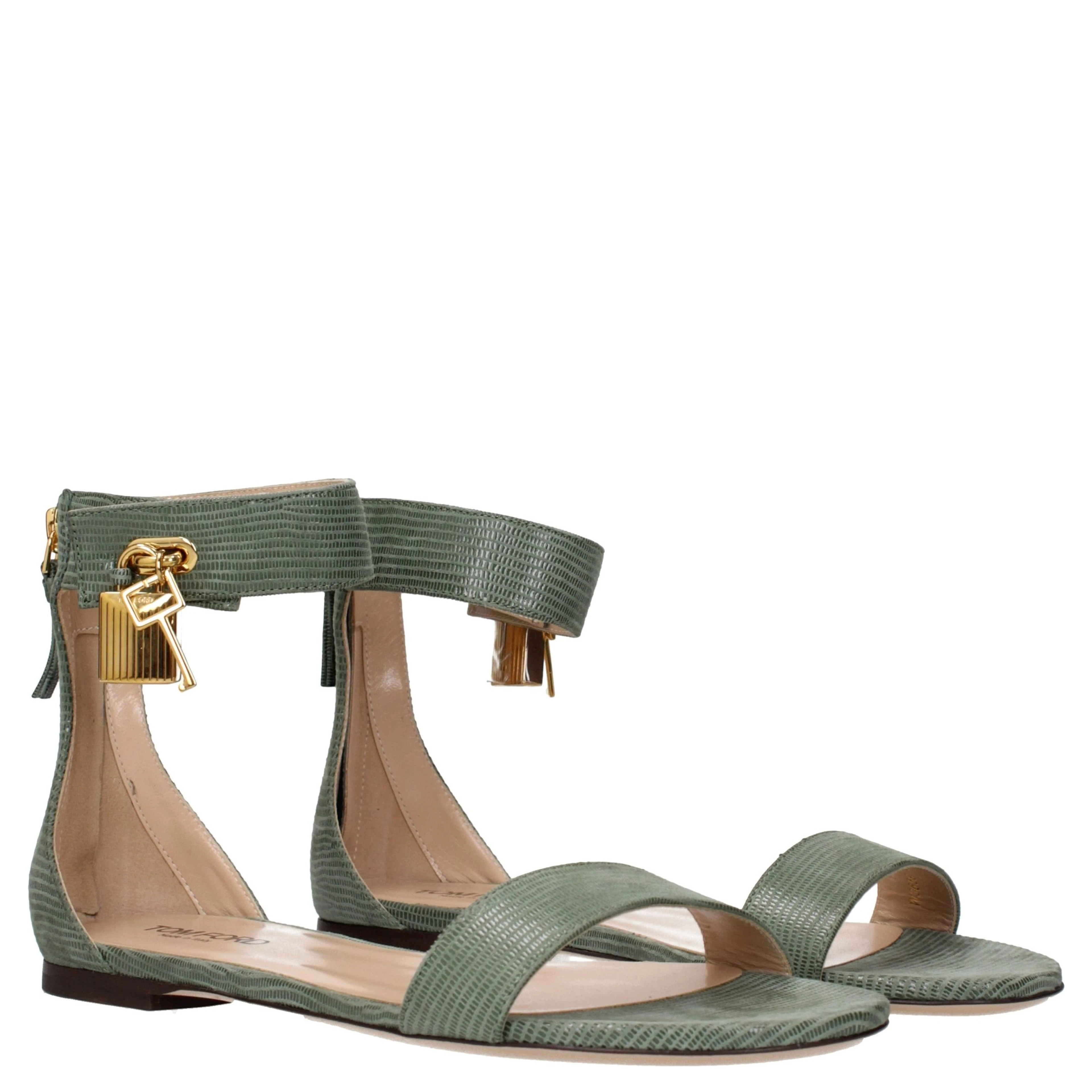 Green Leather Flat Sandals