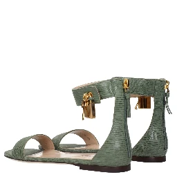 Green Leather Flat Sandals