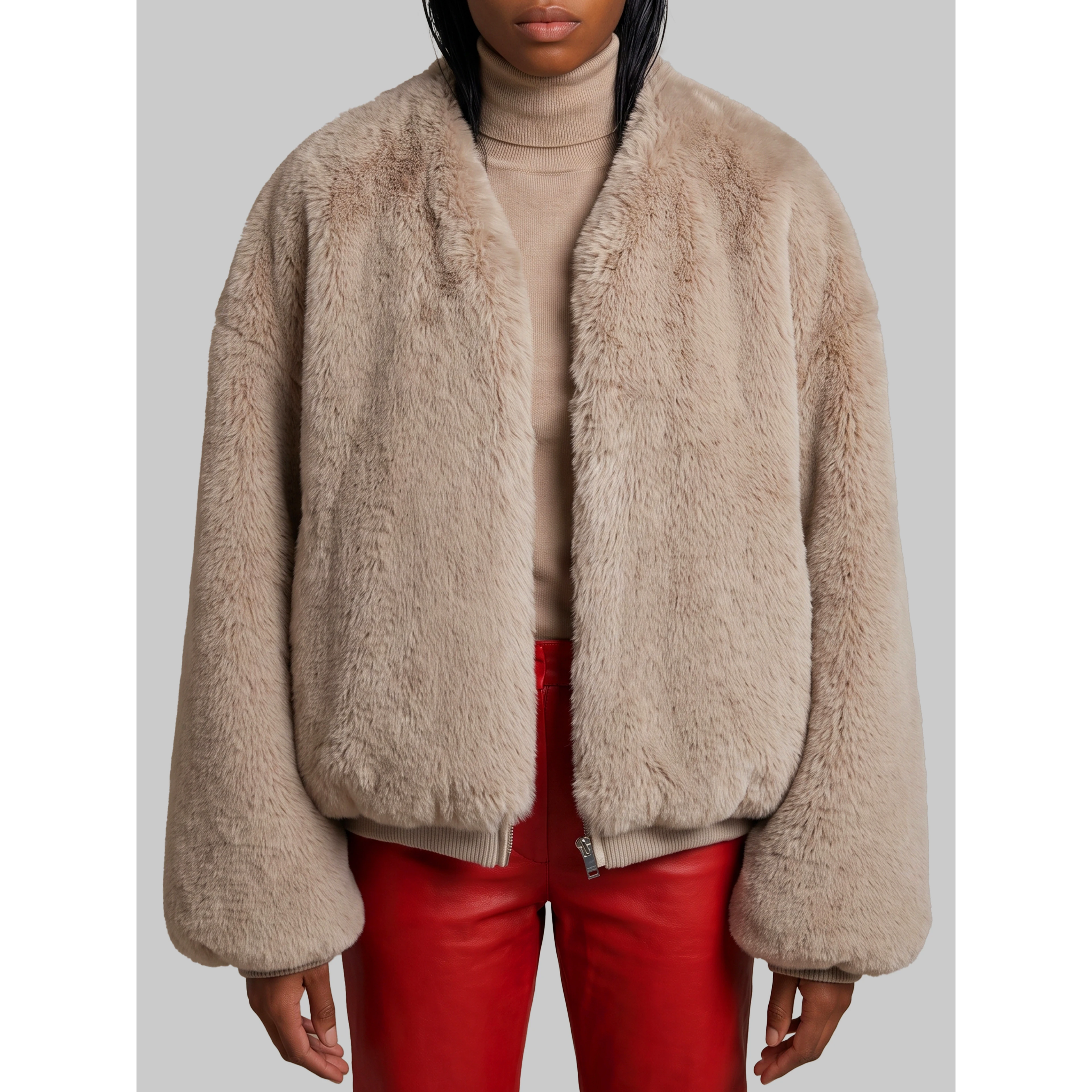 Light taupe Senna faux fur collarless jacket