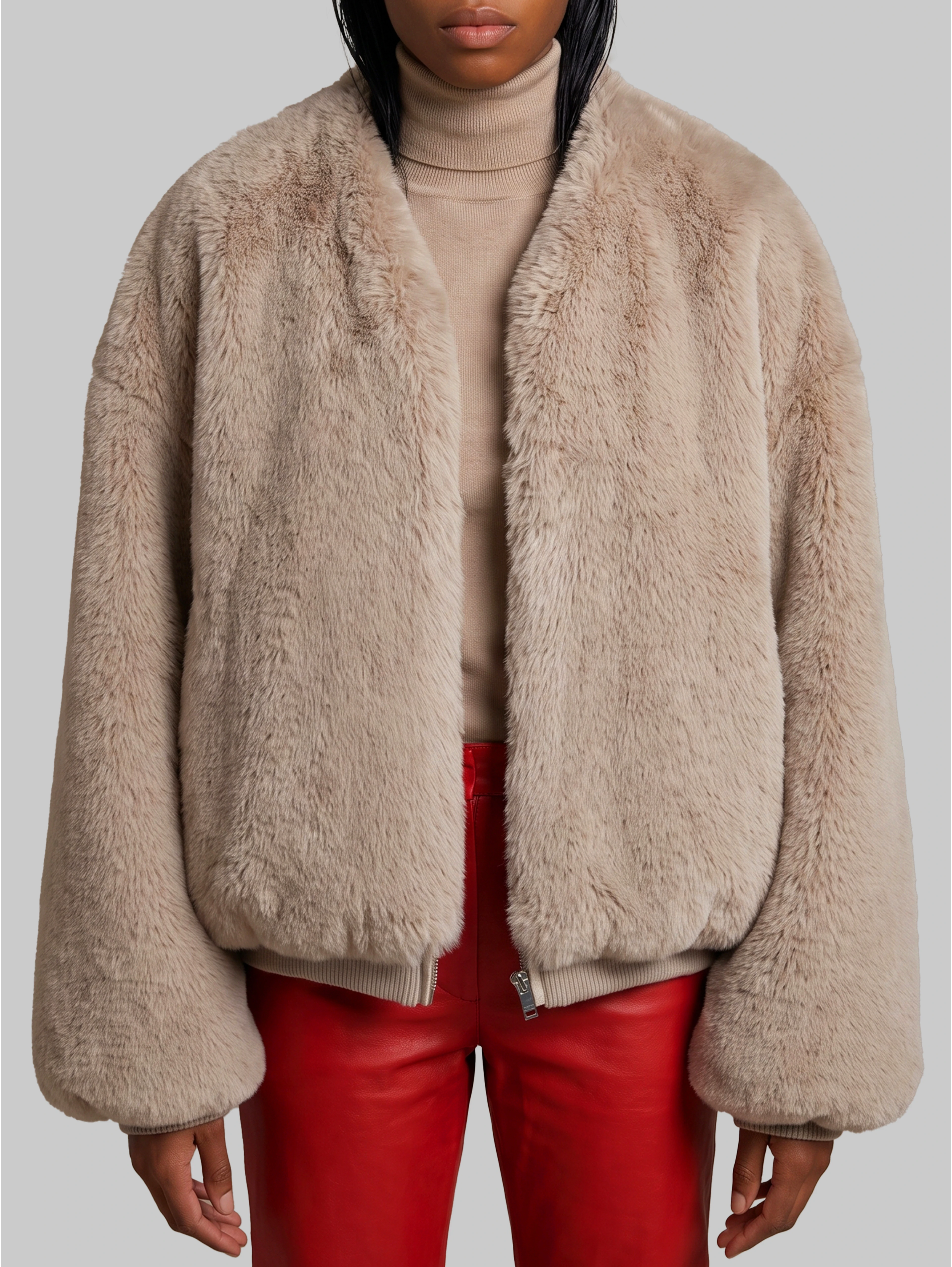 Light taupe Senna faux fur collarless jacket