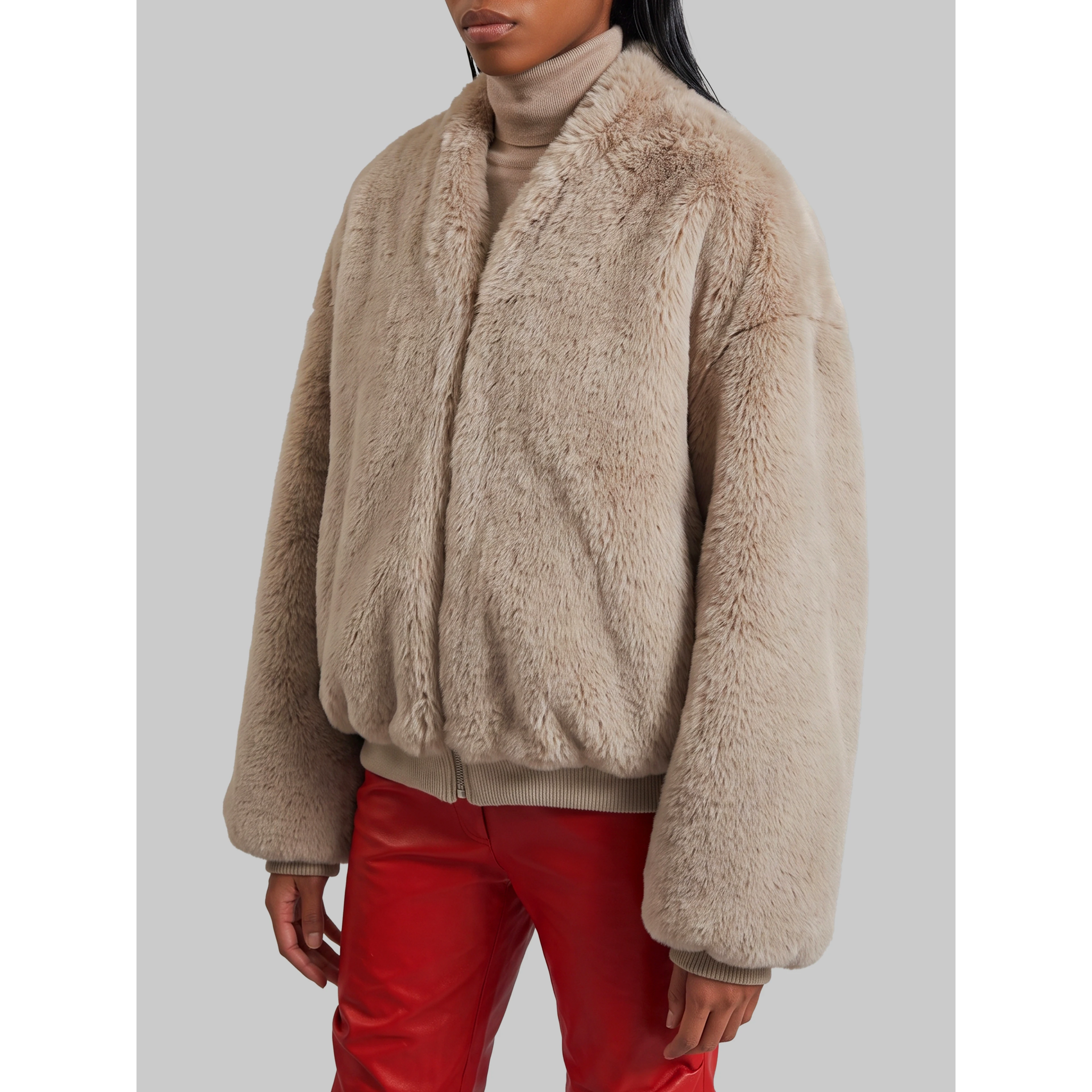Light taupe Senna faux fur collarless jacket