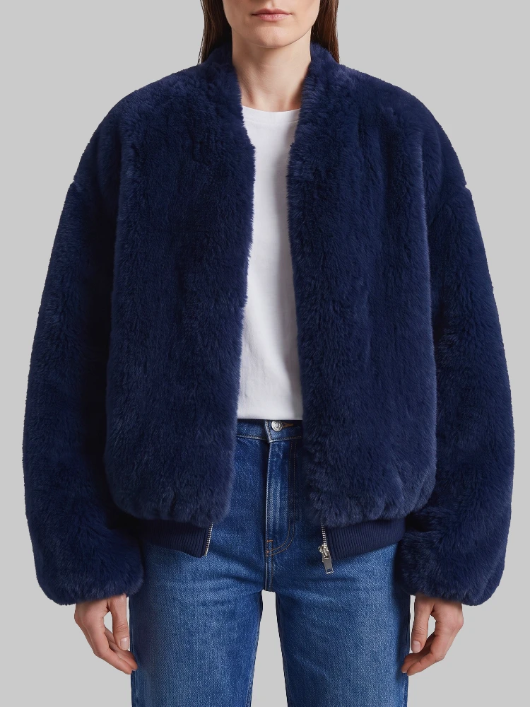 Navy blue Senna faux fur collarless jacket