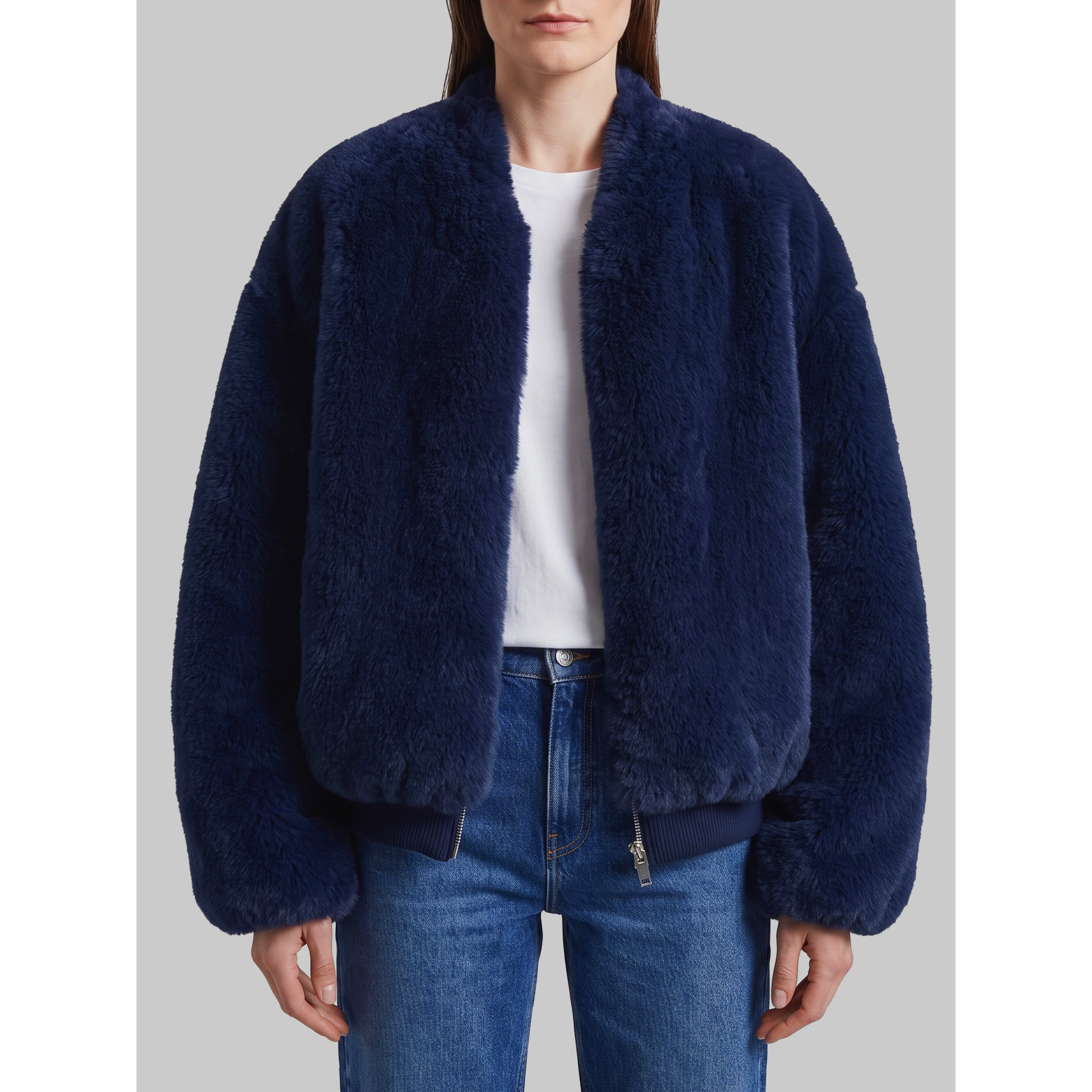 Navy blue Senna faux fur collarless jacket