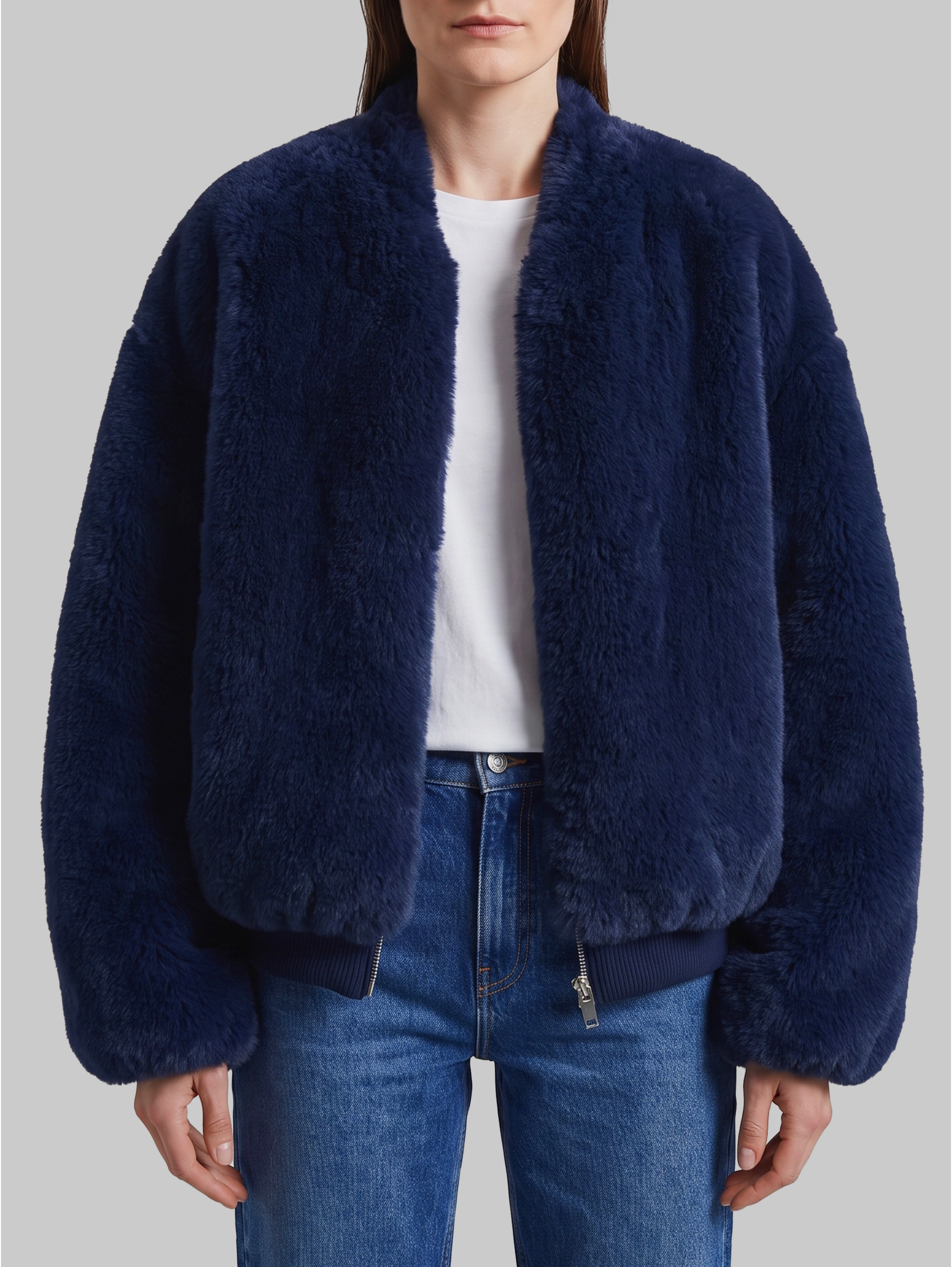 Navy blue Senna faux fur collarless jacket