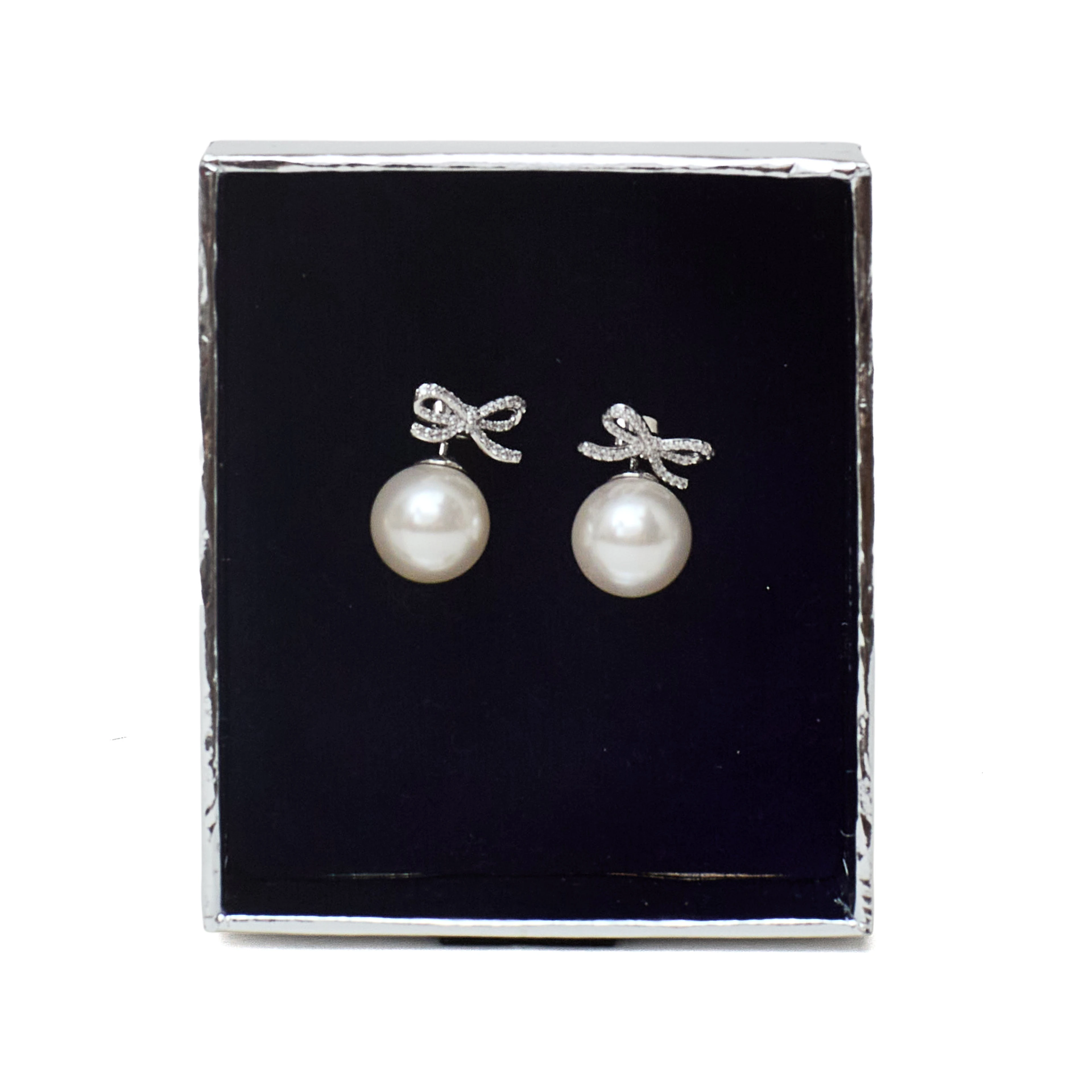 Crystal Bow Pearl Back Earrings