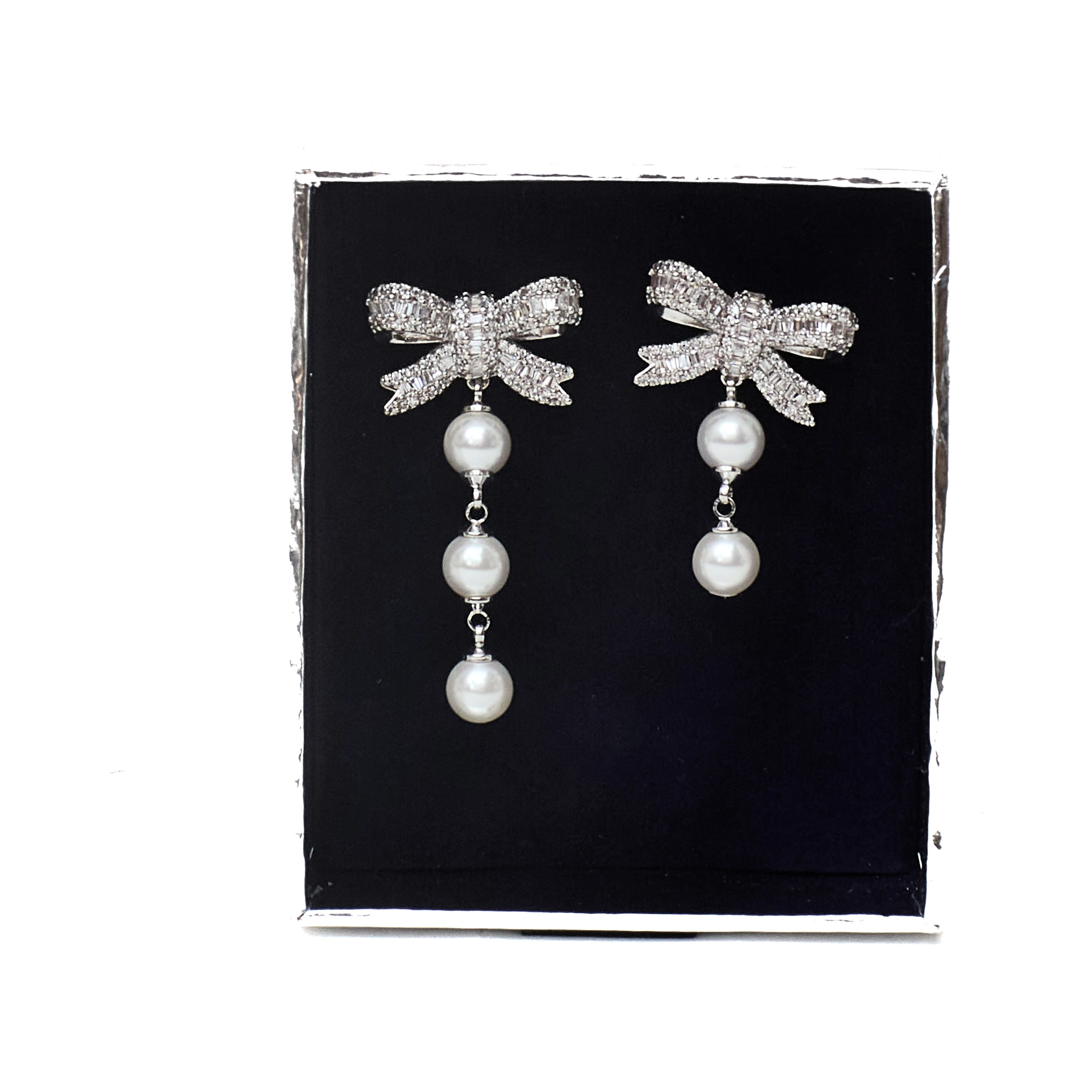 Crystal Bow Pearl Droplet Earrings