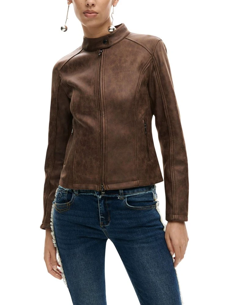 Brown Polyester Full-Length Jacket