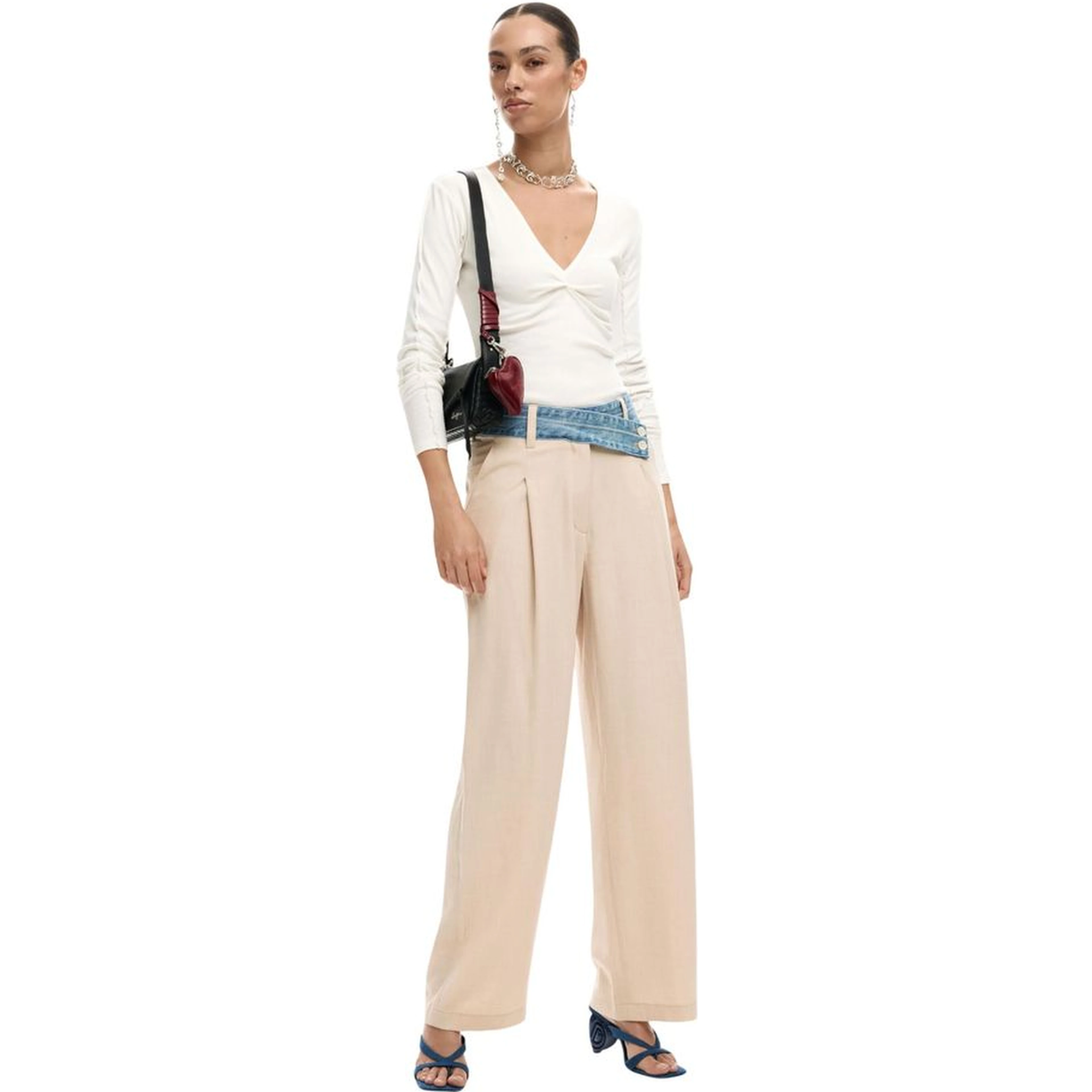 Beige Viscose Flared Pants