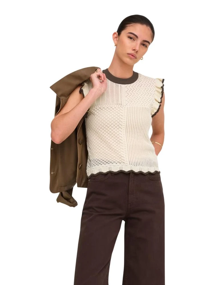 Beige Cotton Sleeveles T-Shirt