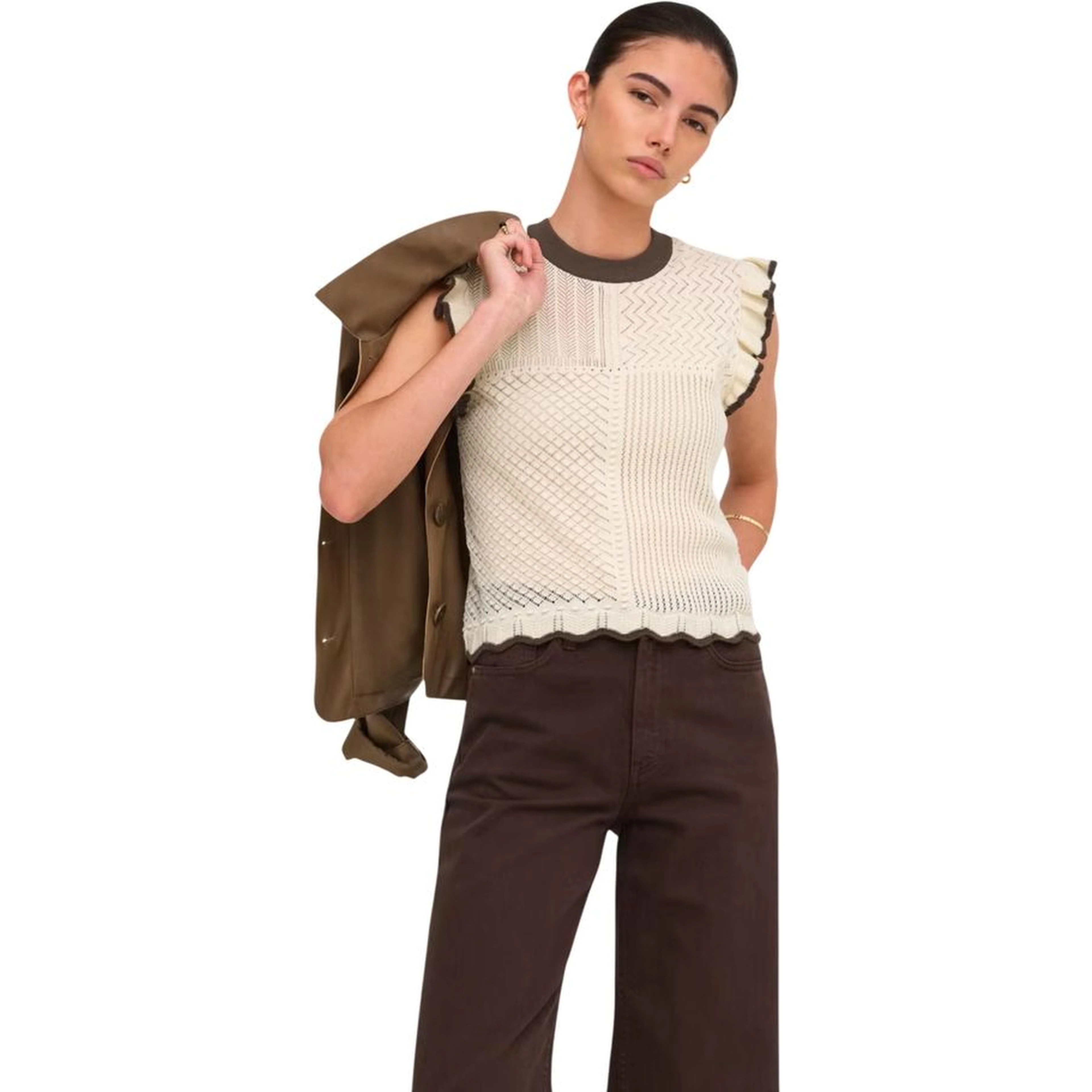Beige Cotton Sleeveles T-Shirt