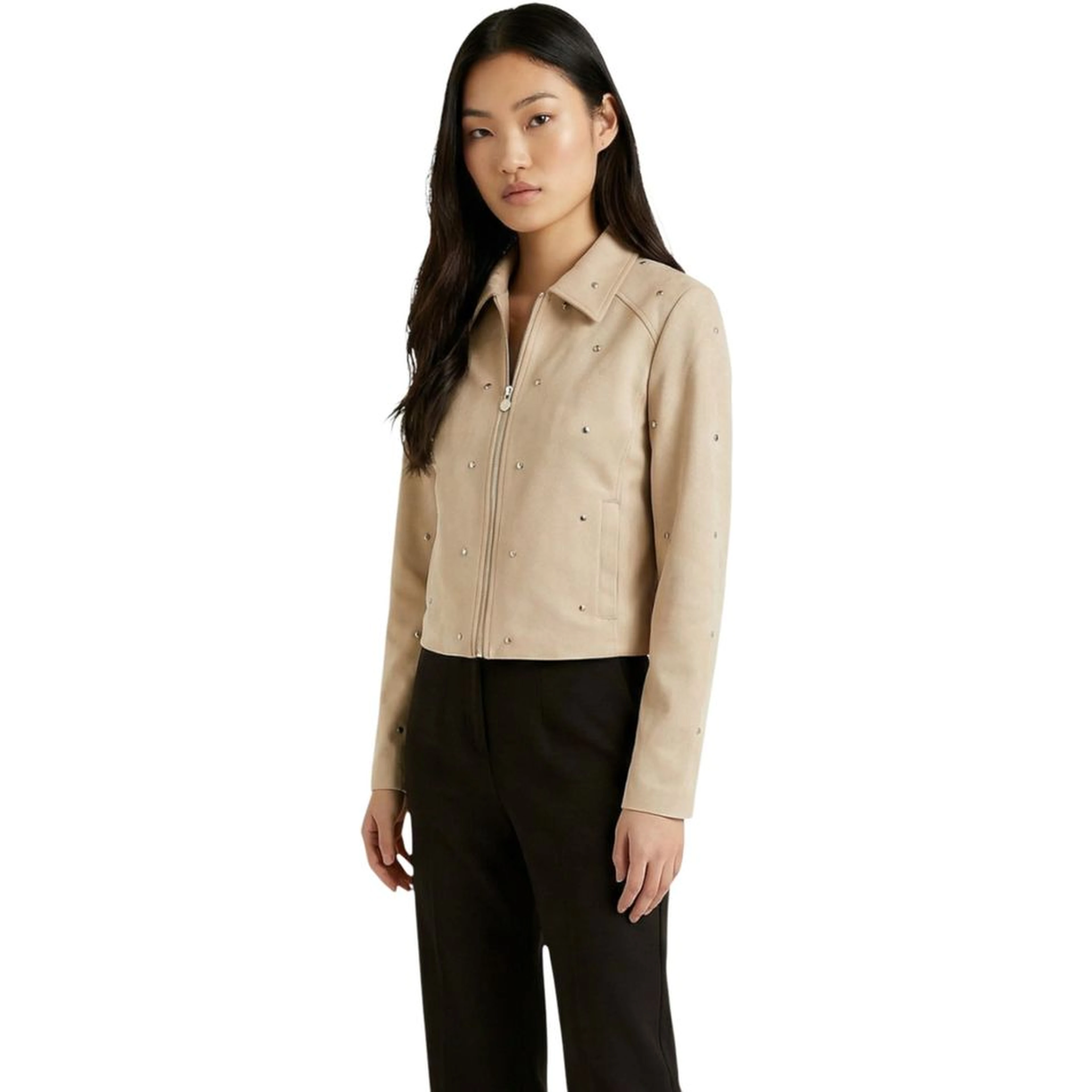 Beige Polyester Leather Jacket