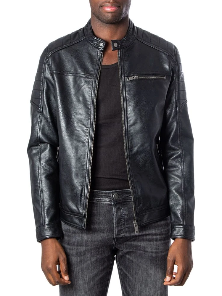 Black Artificial Leather Leather Jacket