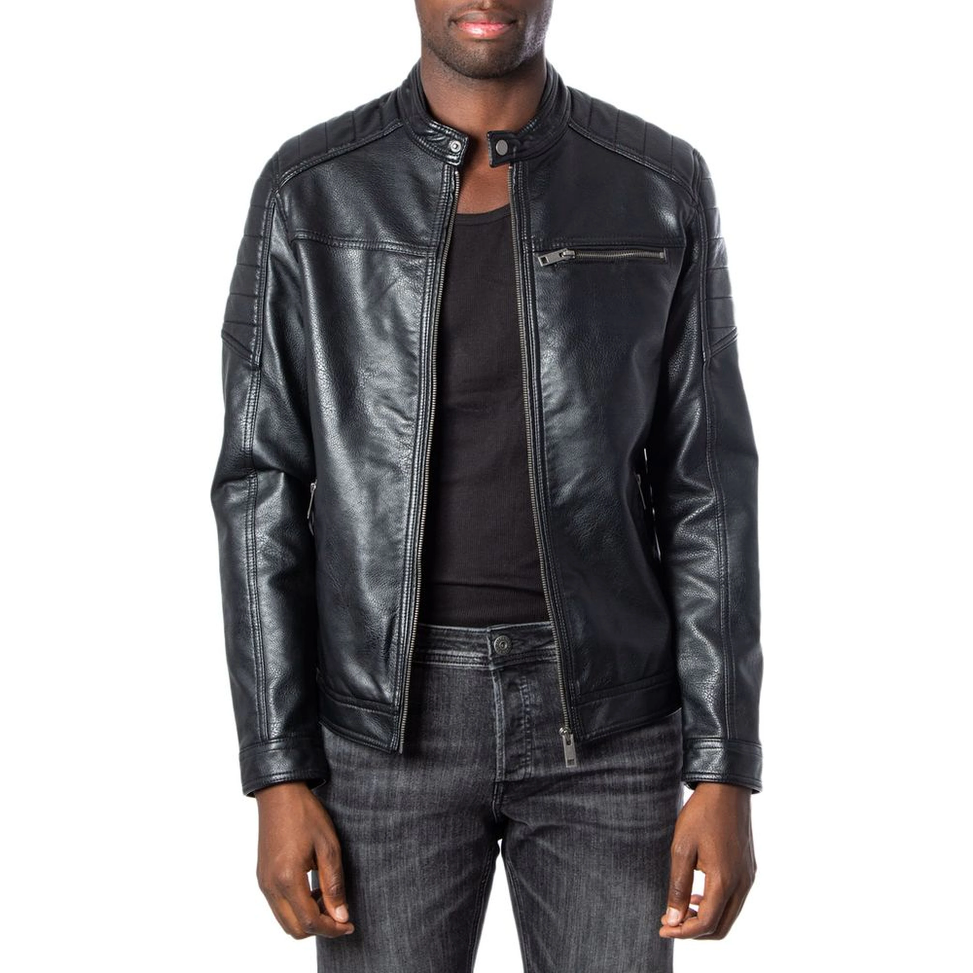 Black Artificial Leather Leather Jacket