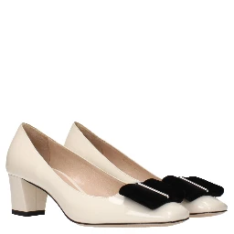 Beige Leather Mid Heel Pumps