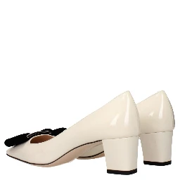 Beige Leather Mid Heel Pumps