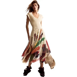 Beige Polyester Long Dress