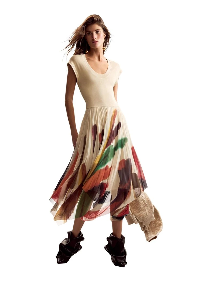 Beige Polyester Long Dress