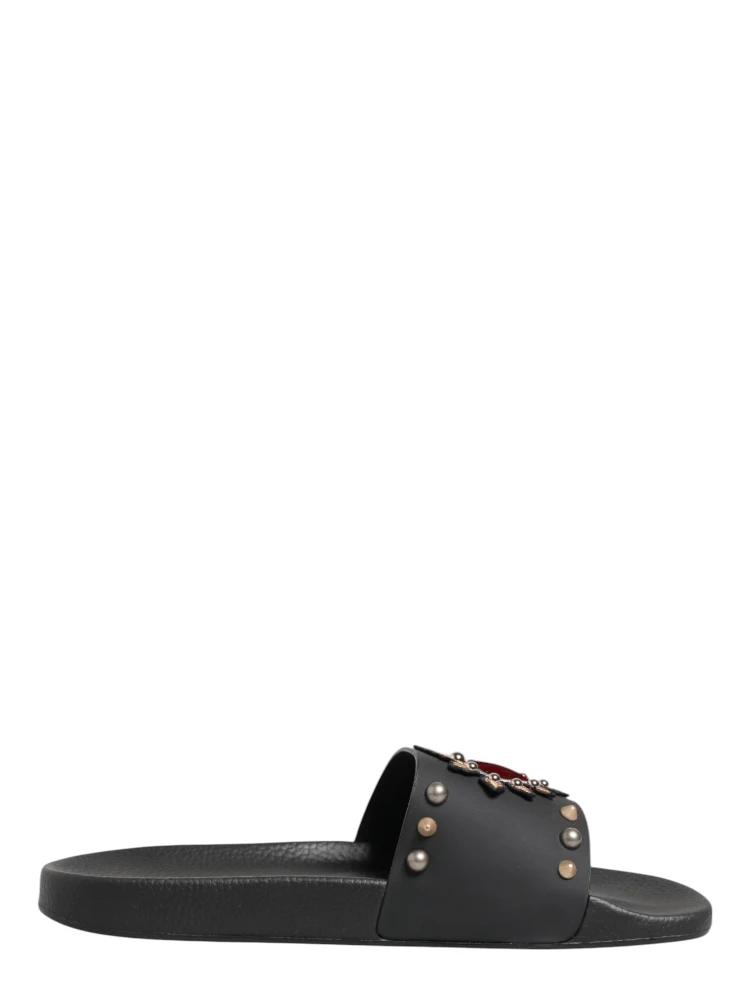 Black Heart Patch Rubber Calfskin Slippers Shoes
