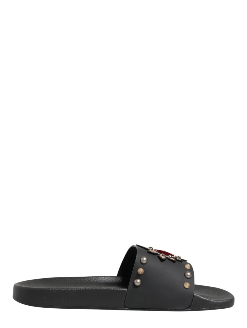 Black Heart Patch Rubber Calfskin Slippers Shoes
