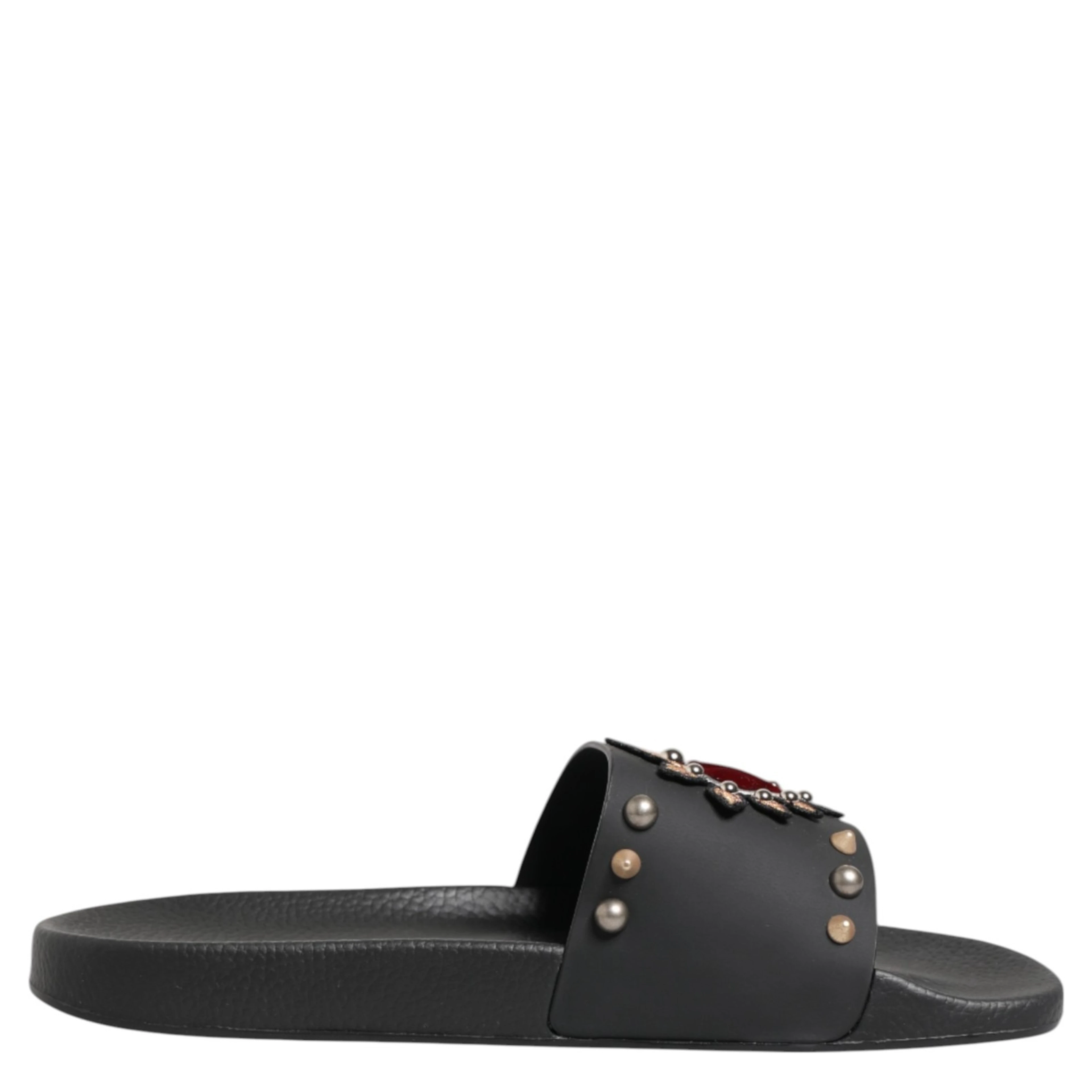 Black Heart Patch Rubber Calfskin Slippers Shoes