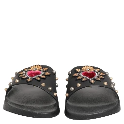 Black Heart Patch Rubber Calfskin Slippers Shoes