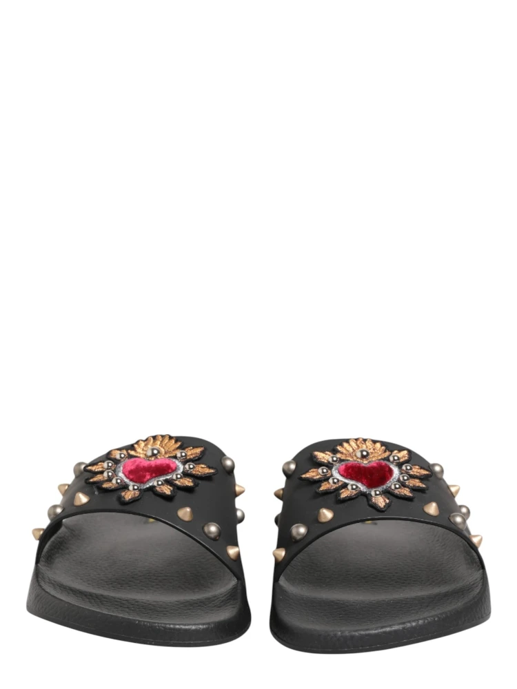 Black Heart Patch Rubber Calfskin Slippers Shoes alternative