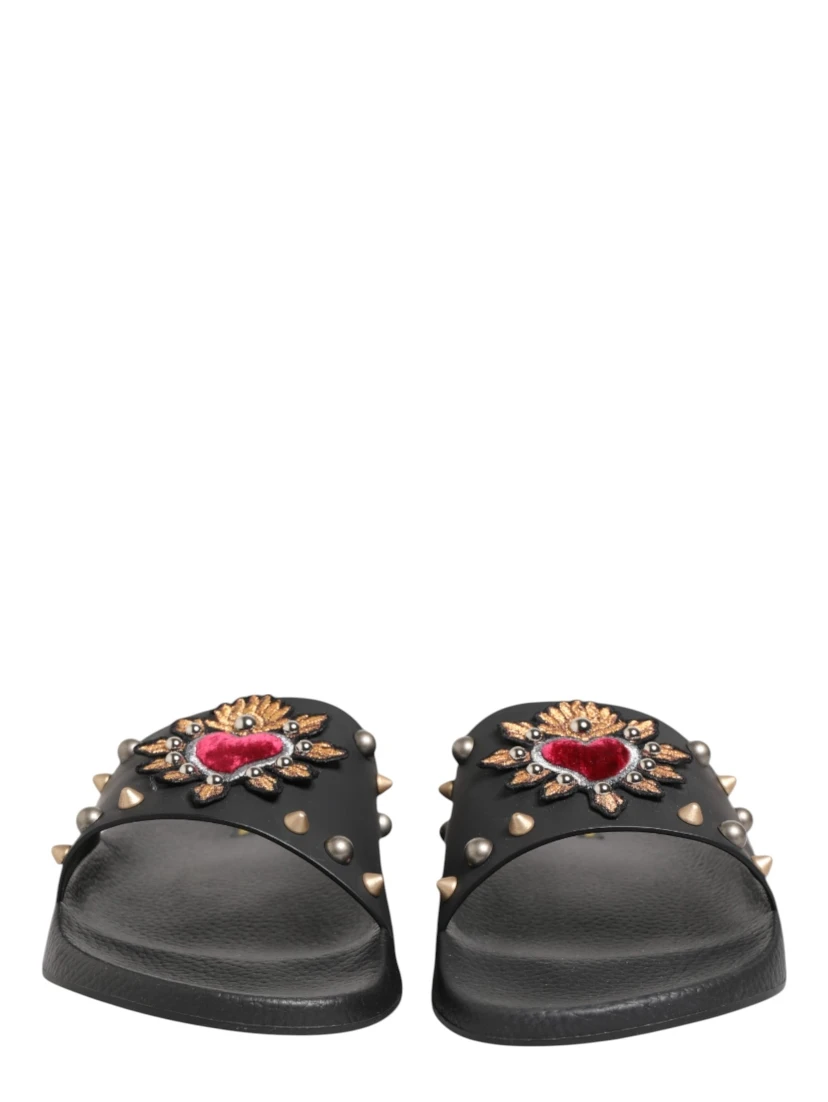 Black Heart Patch Rubber Calfskin Slippers Shoes