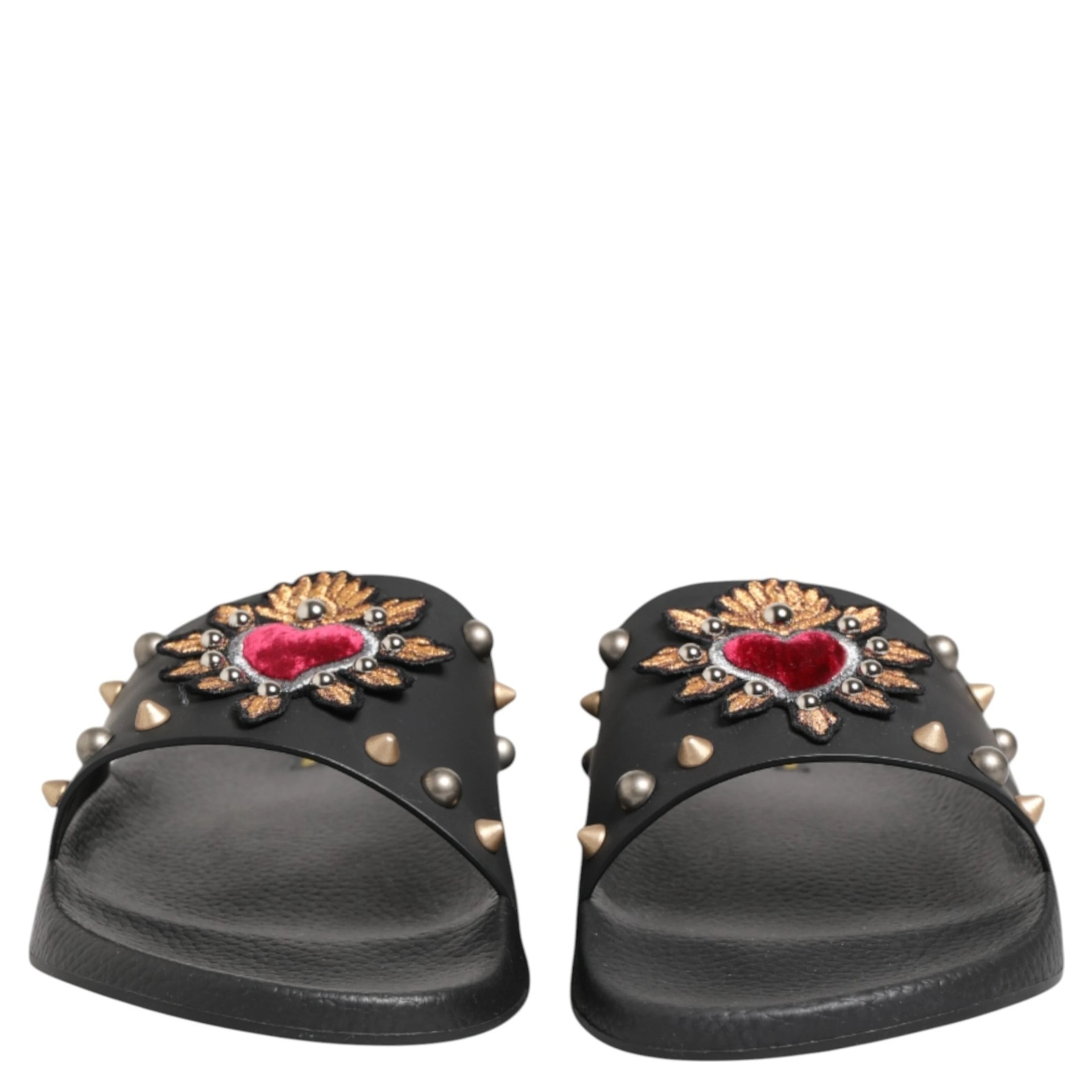 Black Heart Patch Rubber Calfskin Slippers Shoes