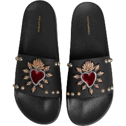 Black Heart Patch Rubber Calfskin Slippers Shoes