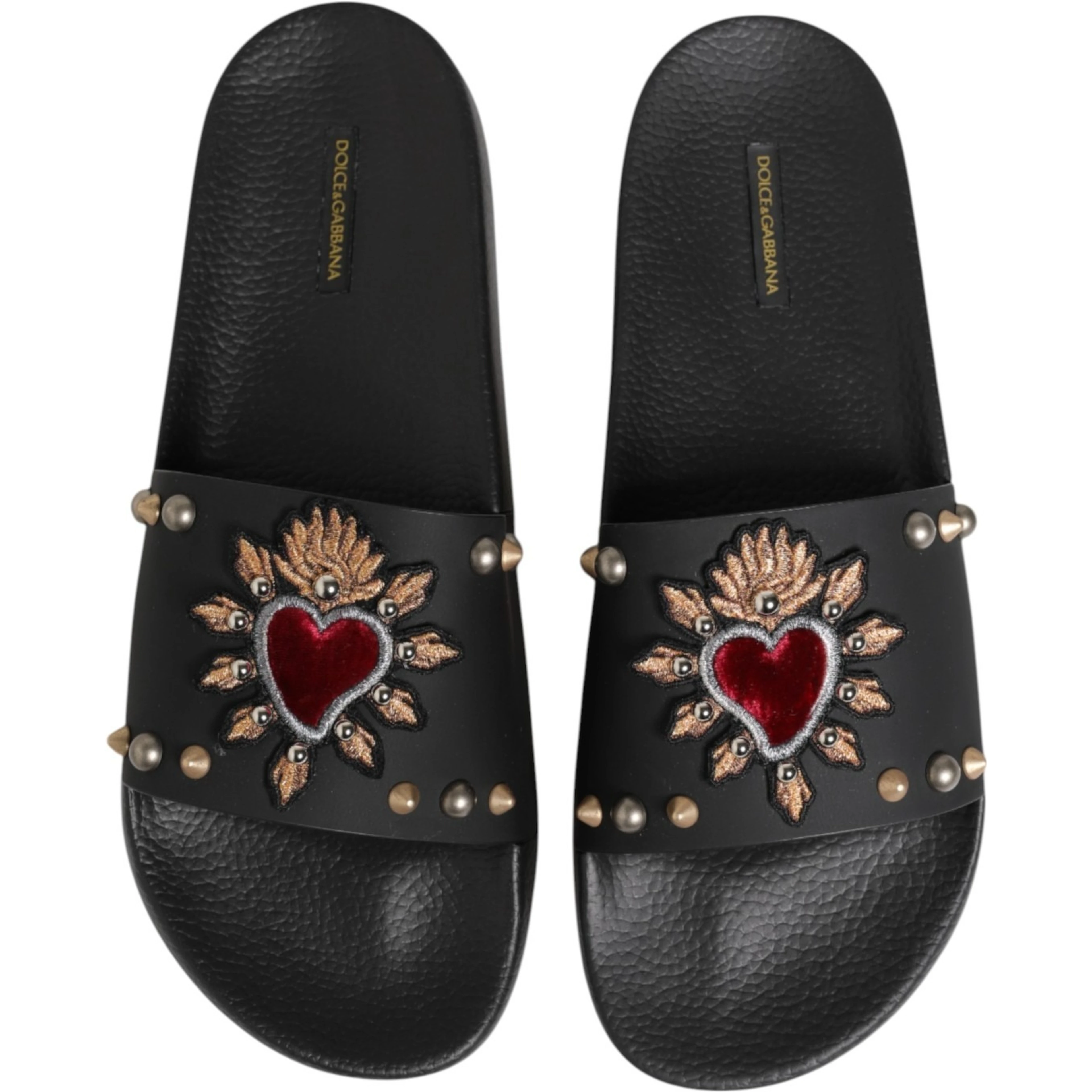 Black Heart Patch Rubber Calfskin Slippers Shoes