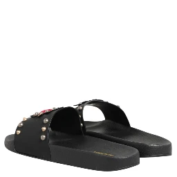 Black Heart Patch Rubber Calfskin Slippers Shoes