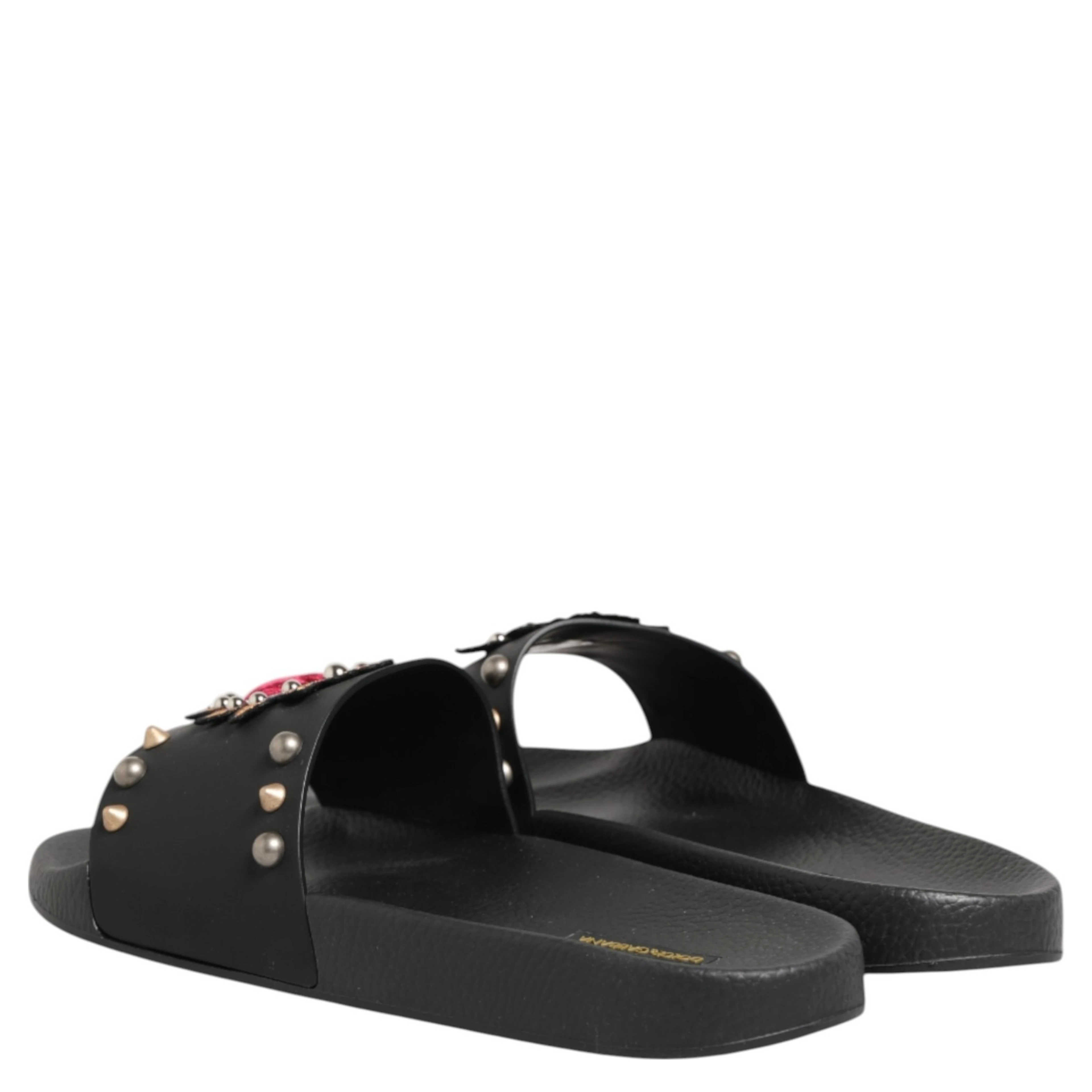 Black Heart Patch Rubber Calfskin Slippers Shoes
