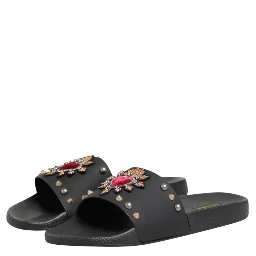 Black Heart Patch Rubber Calfskin Slippers Shoes