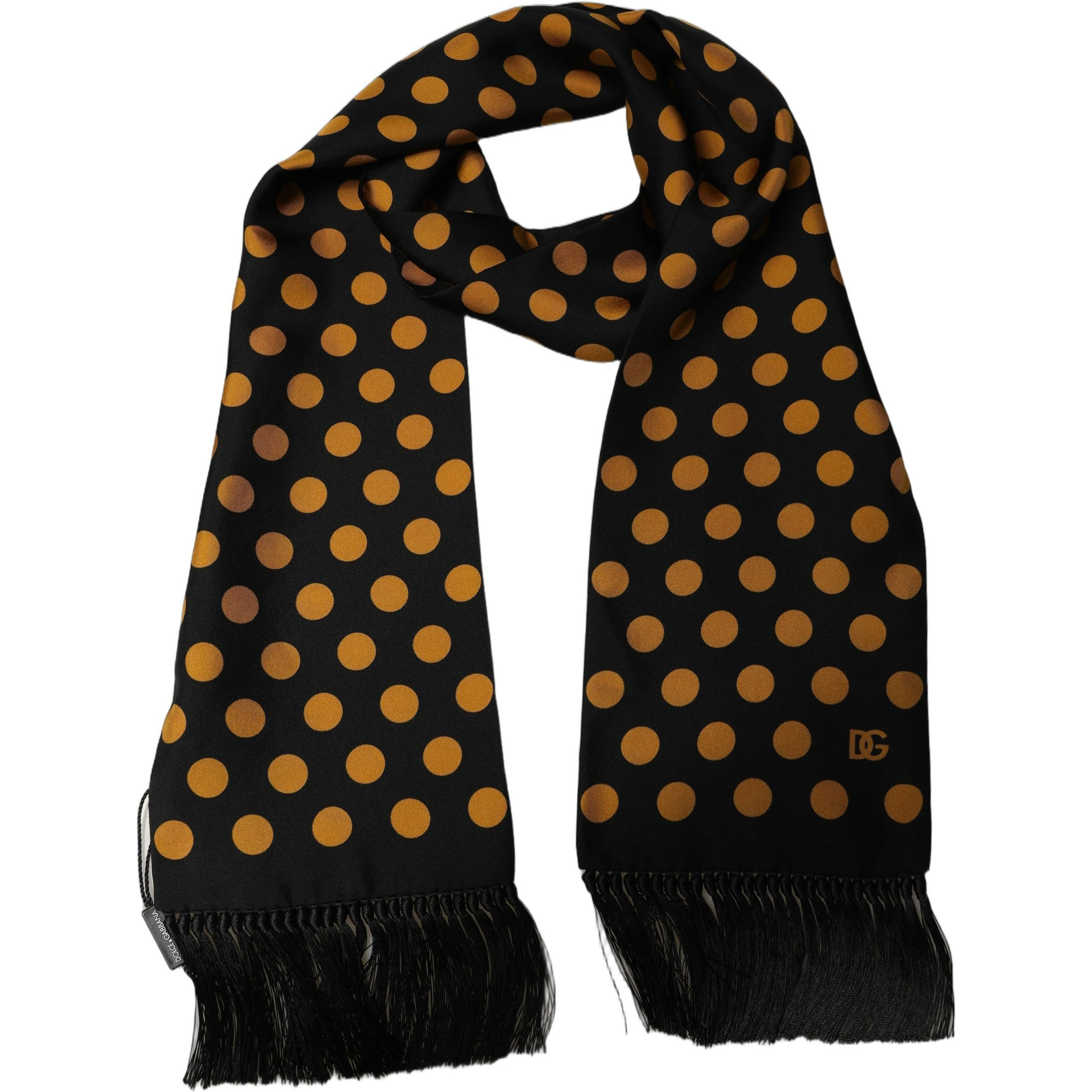 Men Black Orange Polka Dot Fringed Lace Stole Scarf