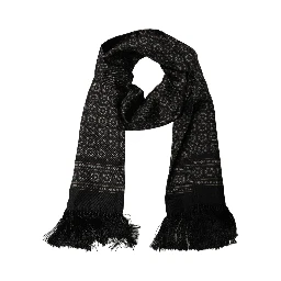 Black Silk Geometric Fringed Neck Shawl Scarf