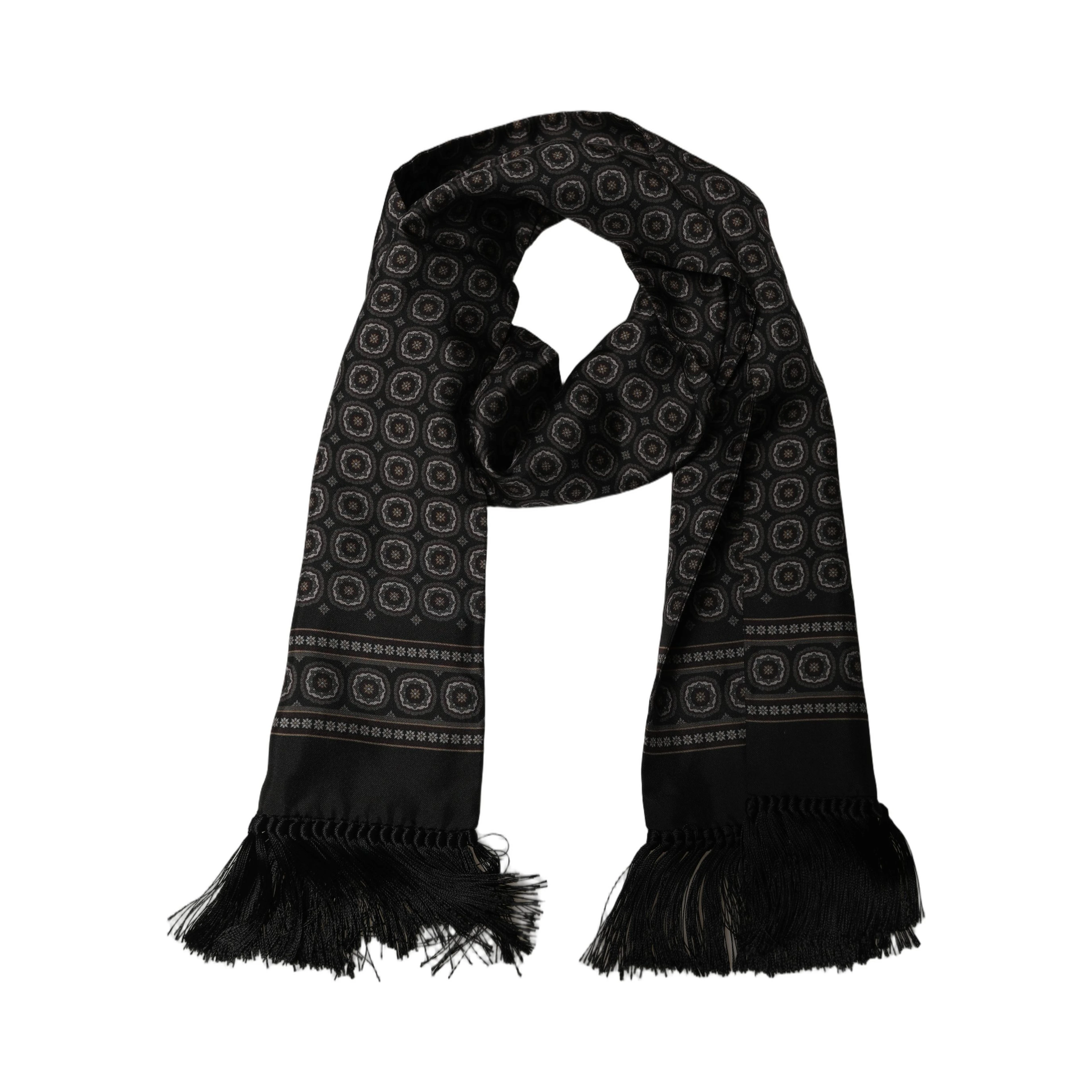 Black Silk Geometric Fringed Neck Shawl Scarf