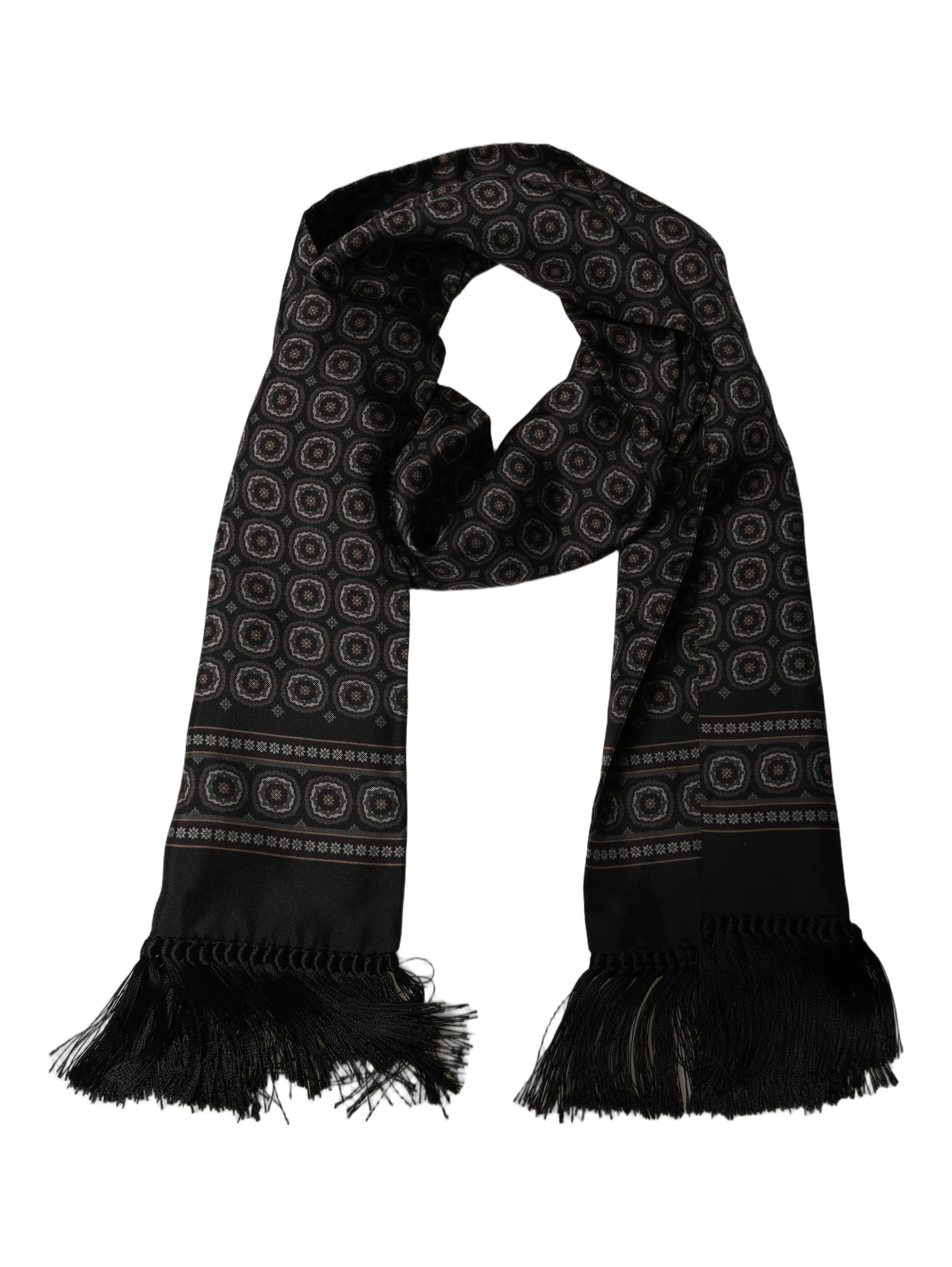 Black Silk Geometric Fringed Neck Shawl Scarf