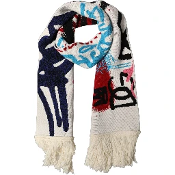 White Graphic Cashmere Fringed Shawl Scarf