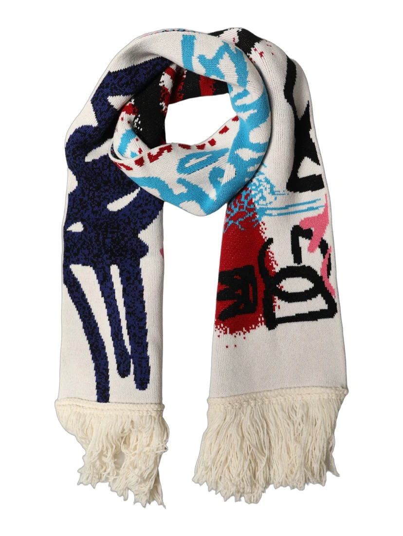 White Graphic Cashmere Fringed Shawl Scarf