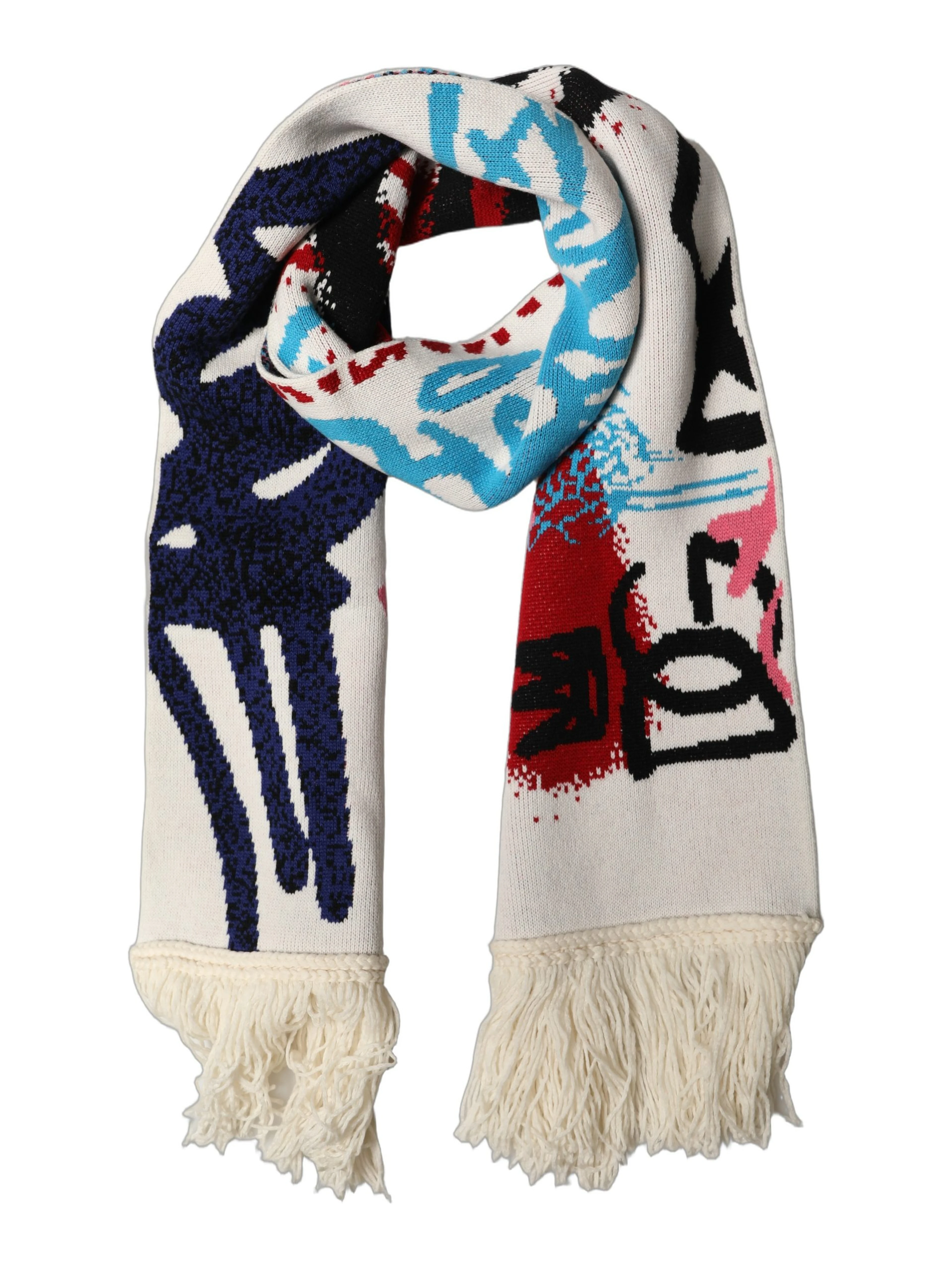 White Graphic Cashmere Fringed Shawl Scarf