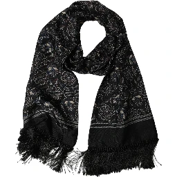 Black Silk Floral Paisley Fringed Shawl Scarf