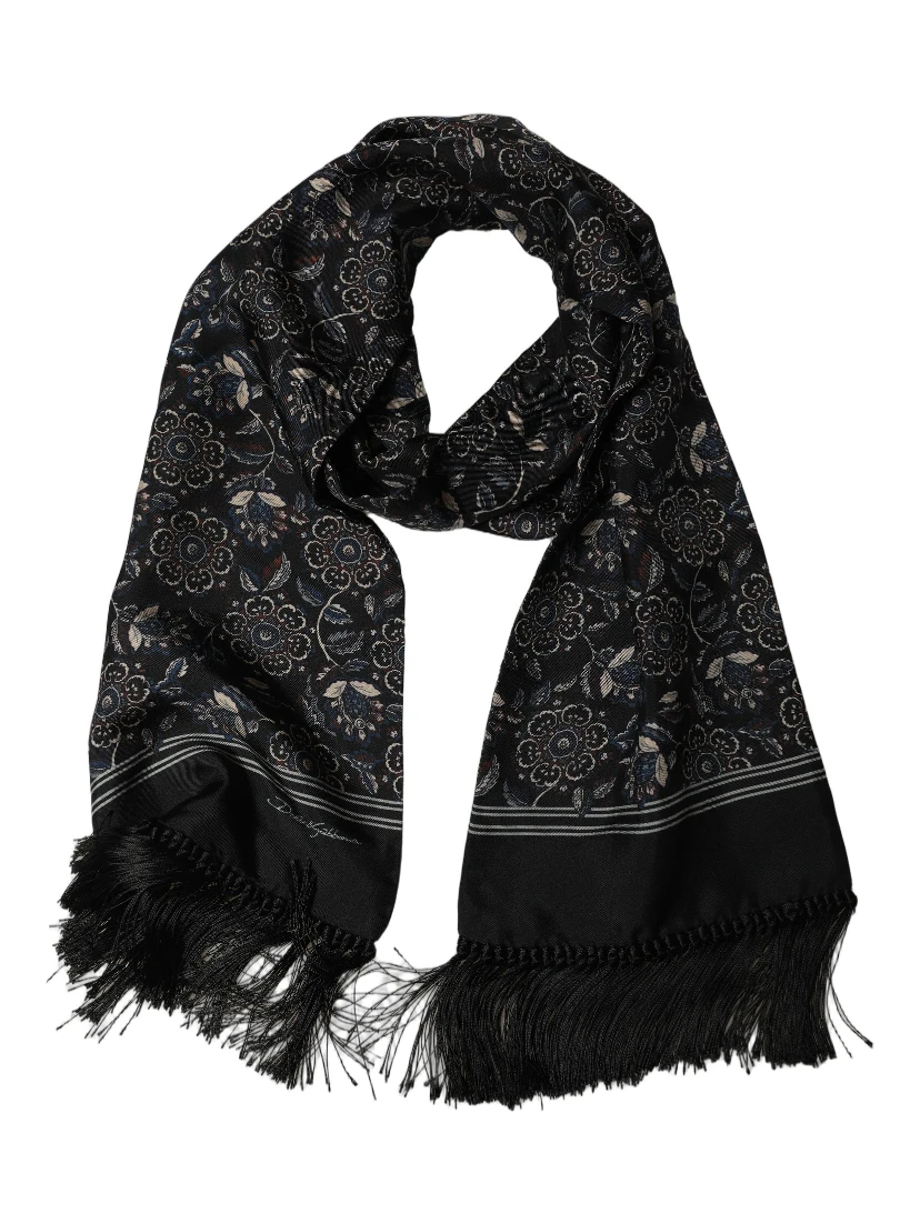 Black Silk Floral Paisley Fringed Shawl Scarf