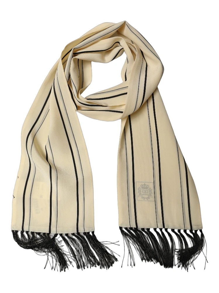 Beige Silk Striped Fringed Neck Shawl Scarf