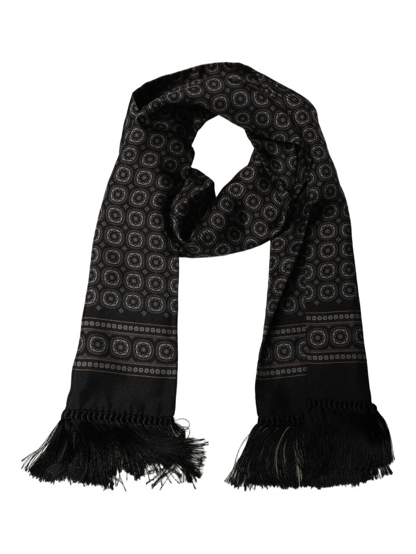 Black Silk Geometric Fringed Neck Shawl Scarf