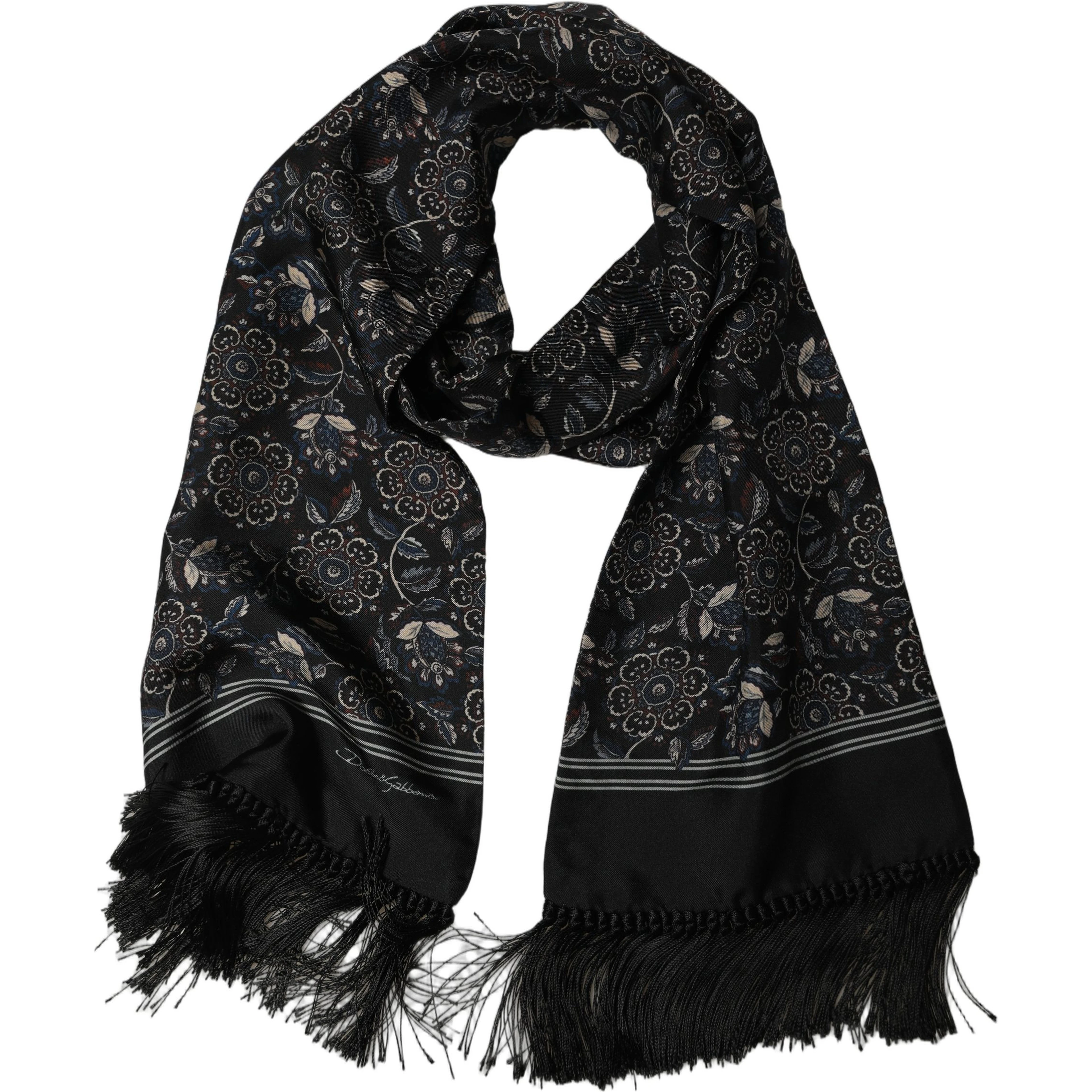 Black Silk Floral Paisley Fringed Shawl Scarf